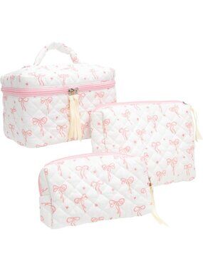 3 Piece Quilted Makeup Bag Set - Cute Zipper Organizer for Cosmetics, Toiletries